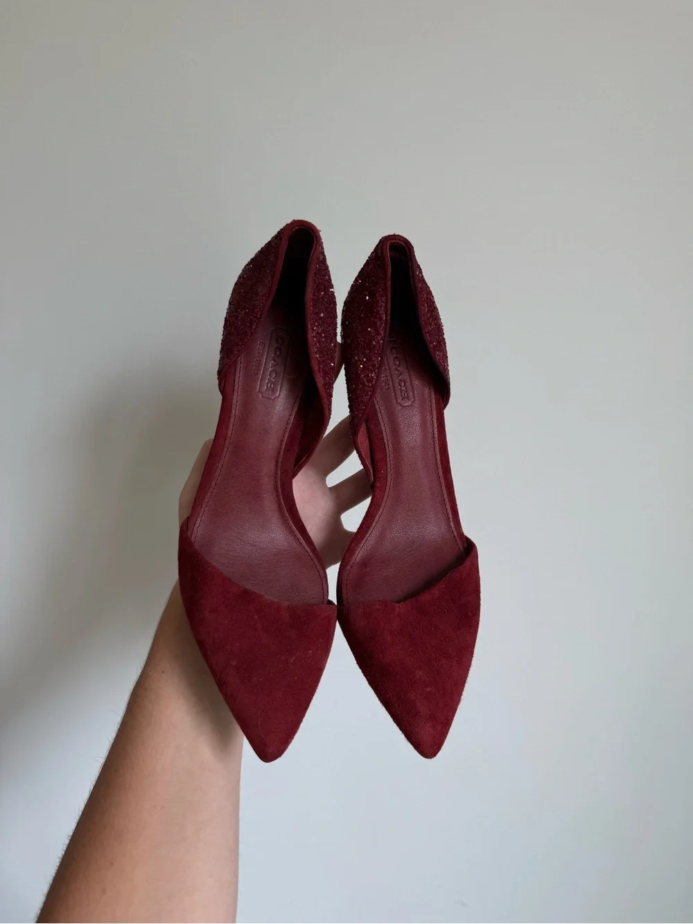 Coach Burgundy Suede and glitter D'Orsay Pointed heels